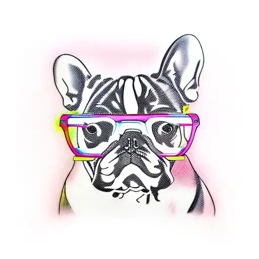 french bulldog with pink glasses tattoo design idea