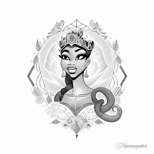 A modern twist on Princess Tiana surrounded by elements of nature and music, incorporating the name Aaliyah in a unique way tattoo design idea