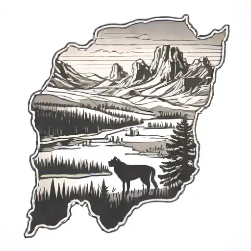 A serene landscape of Yellowstone National Park with a silhouette of a dog and a cat in the foreground tattoo design idea