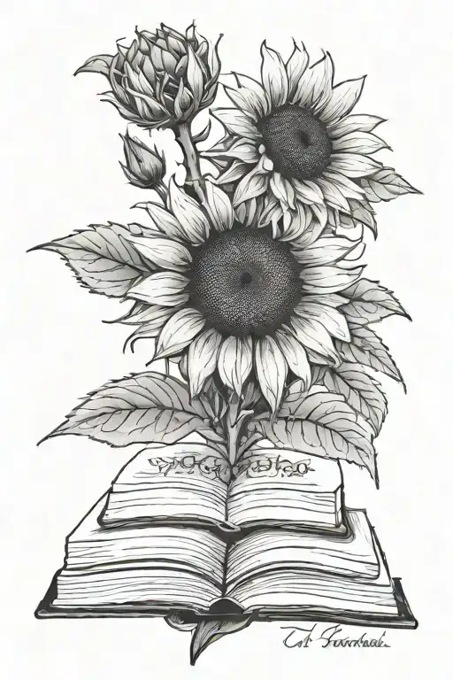 A sinister book fwith a sunflower growing behind the book tattoo design idea