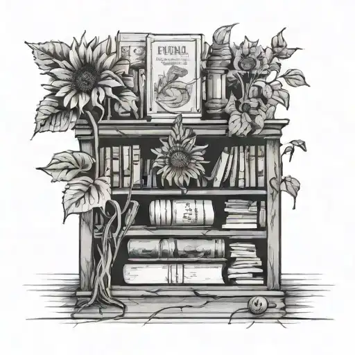A sinister bookshelf filled with horror novels, with a sunflower growing out of one of the books tattoo design idea