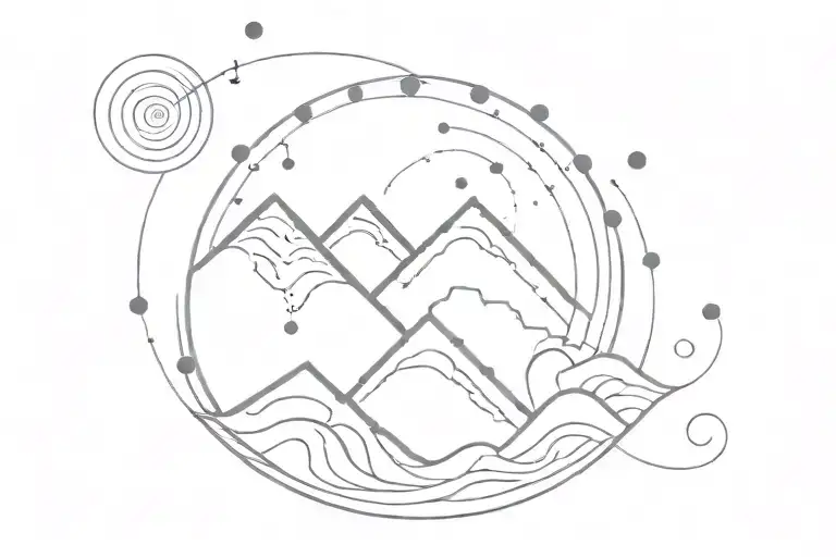 fine line tattoo that includes mountain outline, a wave spiral, and colored chakra dots tattoo design idea
