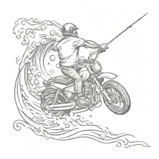 A sketch style tattoo of your son catching a fish from the back of a motorcycle speeding through a wave tattoo design idea