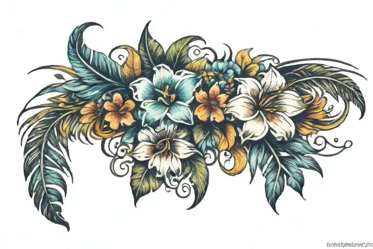 tribal arm band colorful ocean flowers and palms tattoo design idea