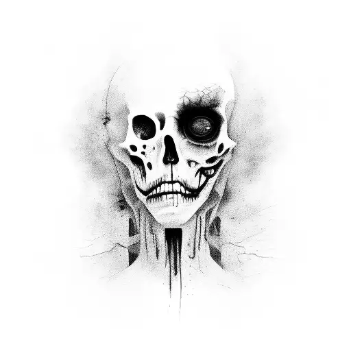 A hauntingly dark digital painting showcasing a humanoid figure with a blend of realism and surrealism.  with decaying p tattoo design idea