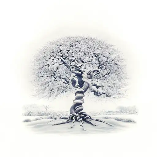 A fine-line tattoo of a ceiba tree with one side representing the spring and the other the winter tattoo design idea
