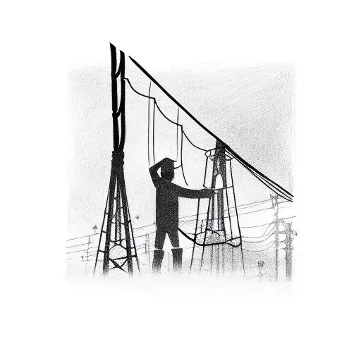 A silhouette of an electrician working on power lines against a city backdrop tattoo design idea