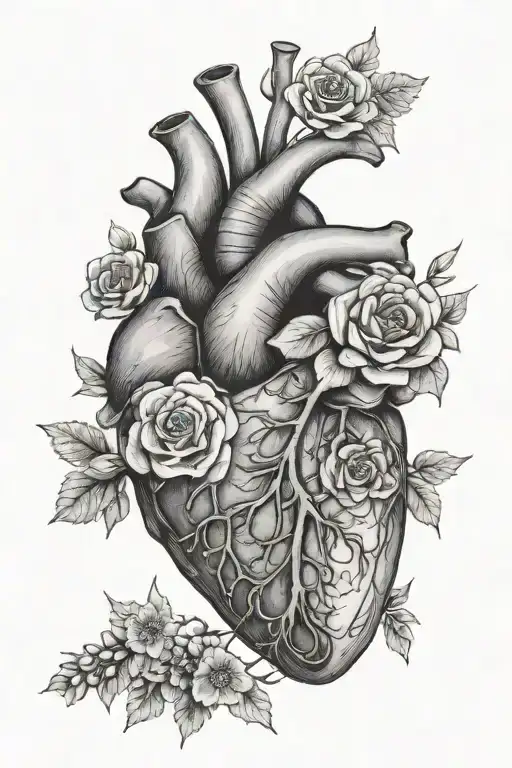 anatomically correct heart and lungs with flowers growing in them tattoo design idea