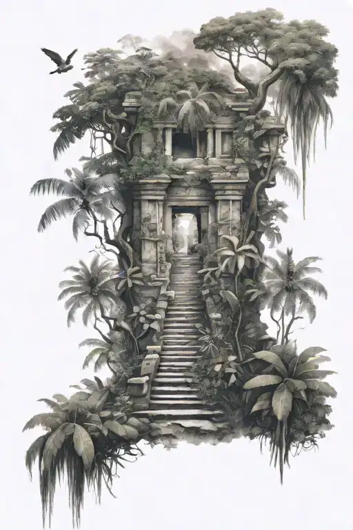 jungle ancient ruins hidden message tattoo design idea