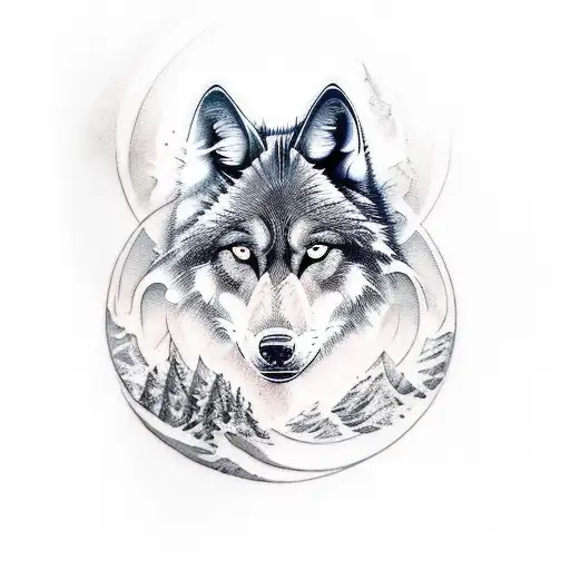 Design a black wolf tattoo merging styles of Leu, James, Booth, Kat Von D. Blend organic fluidity, intricate precision,  tattoo design idea