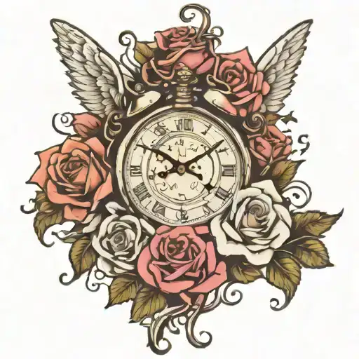 clock angel roses intertwined tattoo design idea