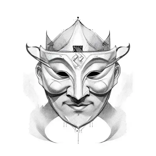 Masked Identity: Depict a theatrical mask partially covering the face of a man. The mask could have cracks or tears, rev tattoo design idea
