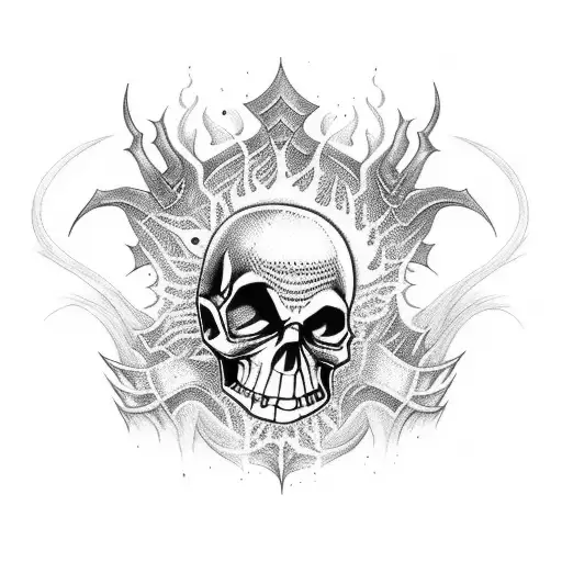 Big black tattoo for the arm, with skulls fire and dark Souls details tattoo design idea