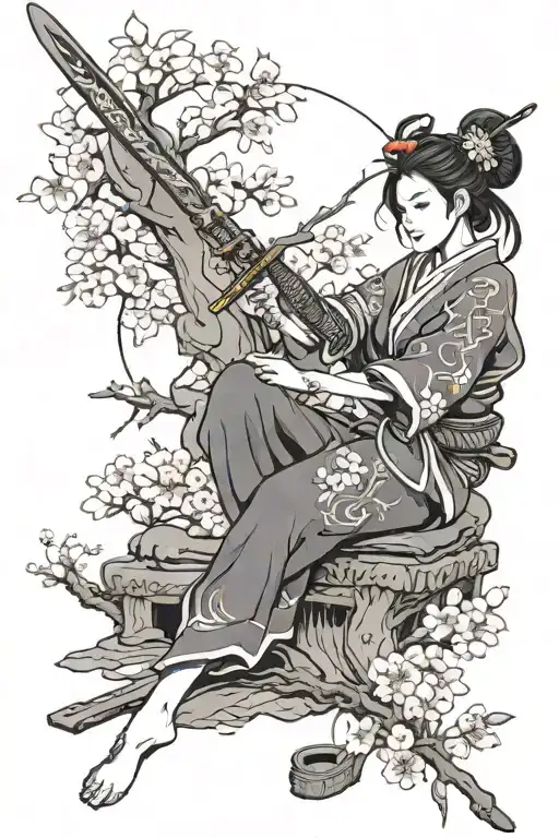 Give me a tattoo with a female warrior sitting under a cherry blossom tree with a sword that has a crown and heart tattoo design idea
