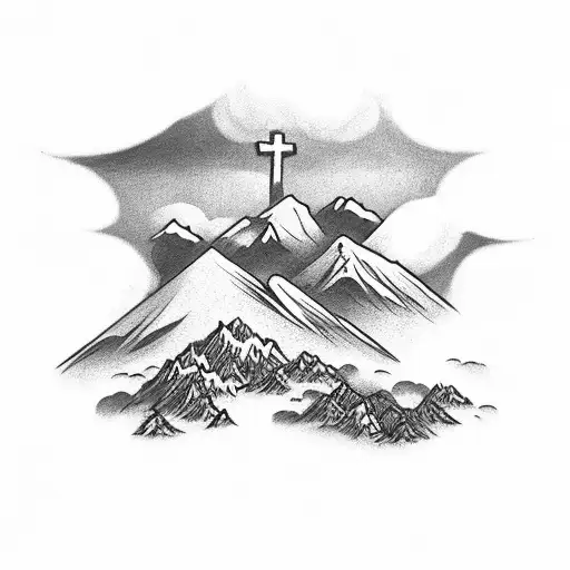 three crosses on mountain clouds  tattoo design idea