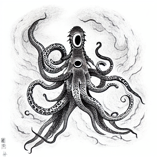 a tentacle monster made of shadows, with lots of eyes and mounths, smiling. tattoo design idea