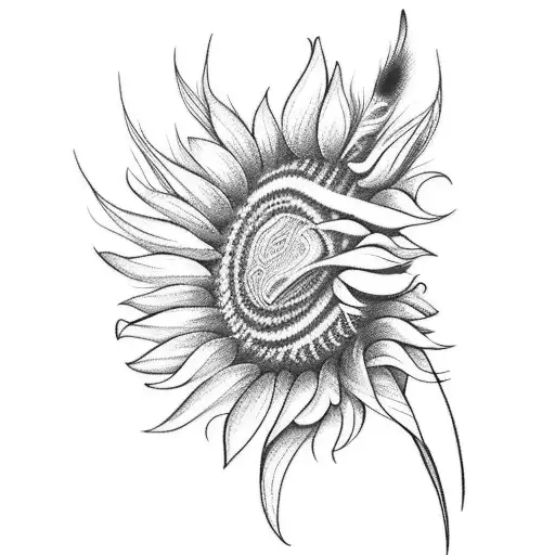 A native american feather quill pen surrounded by sunflowers and tulips tattoo design idea
