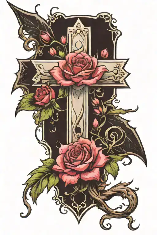 cross with rose and aster flower tattoo design idea