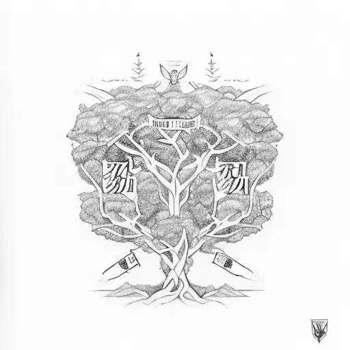 A tattoo design of a family tree with branches representing each member of your family, including Malachi, Malani, and Kenzo, in a sketch style tattoo design idea