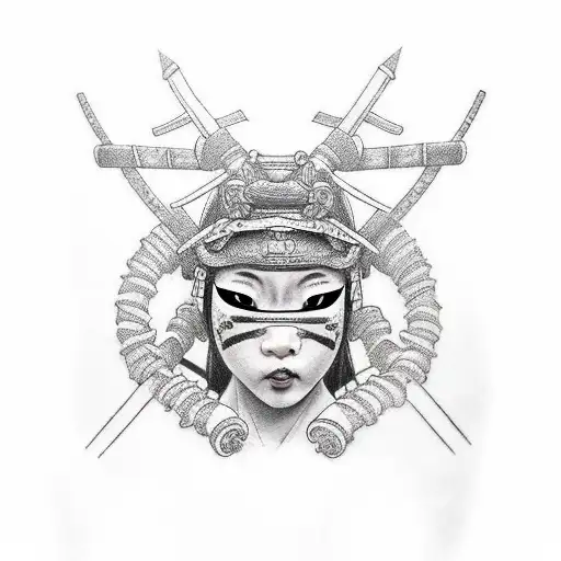 a japanease woman with a samurai mask and black ink around growing a horn from her left side tattoo design idea