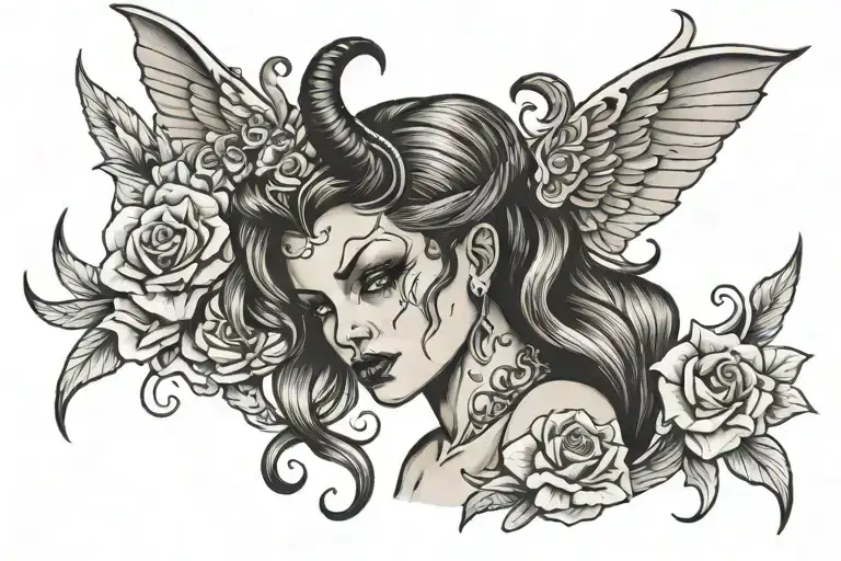 lady devil half angel tattoo design idea