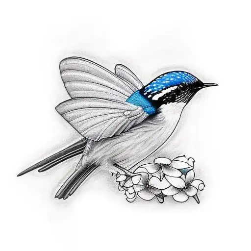 realistic tattoo design for me including a male superb fairy wren and it’s babies and a patch of green hood orchids  tattoo design idea