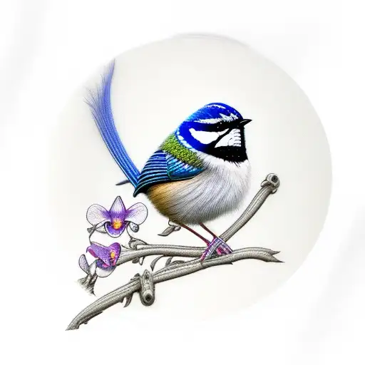  a male superb fairy wren and it’s babies and a patch of green hood orchids  tattoo design idea