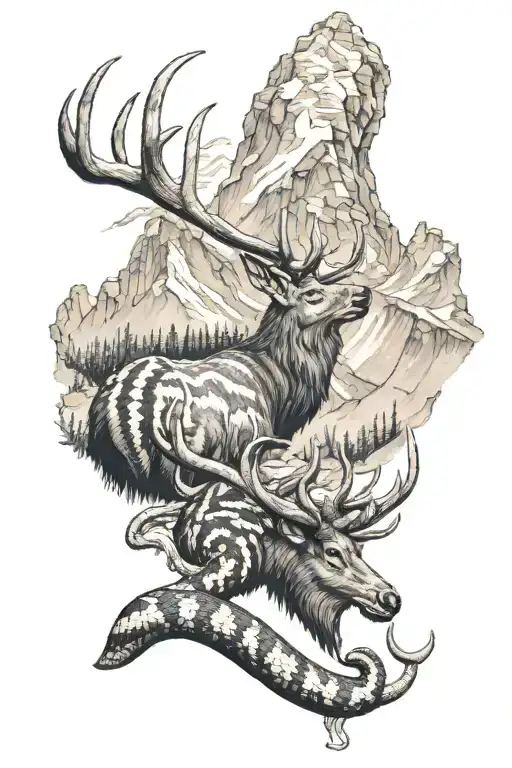 bugling elk with mountains and grey banded kingsnake in foreground  tattoo design idea