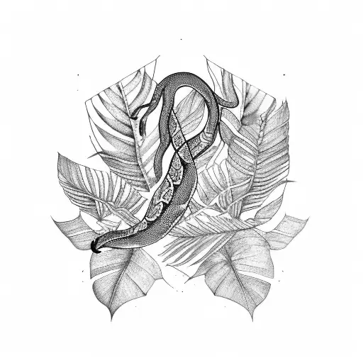 A snake intertwined with a monstera leaf tattoo design idea
