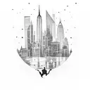 A dynamic blackwork tattoo featuring Thanos in a New York City skyline backdrop. tattoo design idea