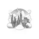 A dynamic blackwork tattoo featuring Thanos in a New York City skyline backdrop. tattoo design idea