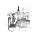 A dynamic blackwork tattoo featuring a mashup of Marvel characters in a New York City skyline backdrop. tattoo design idea