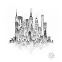 A dynamic blackwork tattoo featuring a mashup of Marvel characters in a New York City skyline backdrop. tattoo design idea