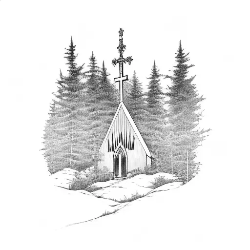 church in a forest  tattoo design idea