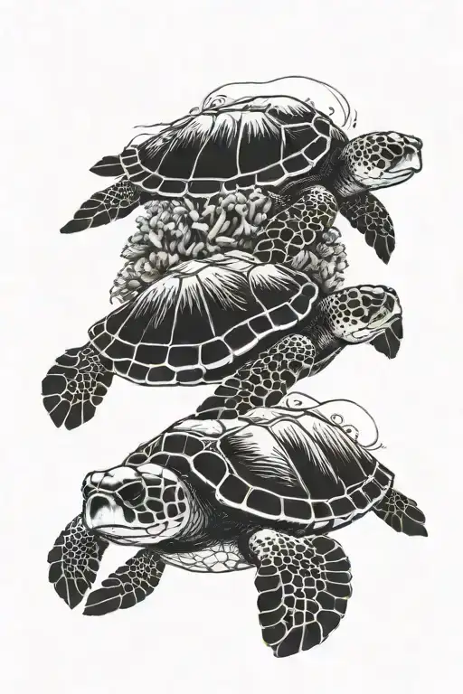 A detailed black and grey tattoo of a family of sea turtles swimming among coral reefs and celestial bodies tattoo design idea
