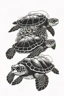 A detailed black and grey tattoo of a family of sea turtles swimming among coral reefs and celestial bodies tattoo design idea