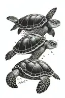 A detailed black and grey tattoo of a family of sea turtles swimming among coral reefs and celestial bodies tattoo design idea