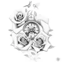 clock with word Marianna with a Rose and a dove tattoo design idea
