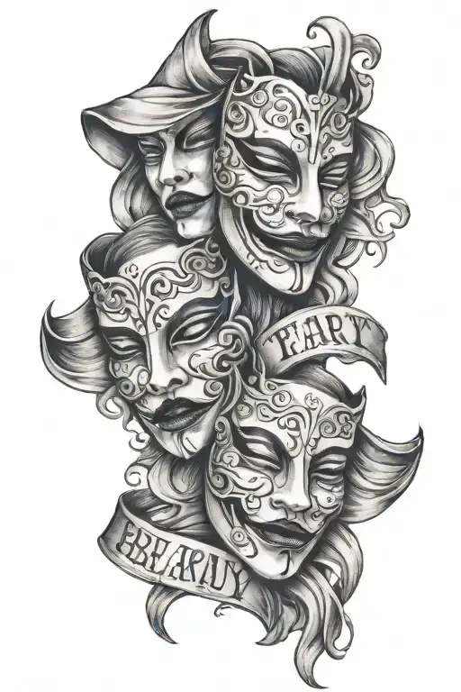 Drama Theatre Masks with writing " Beauty and Terror" tattoo design idea