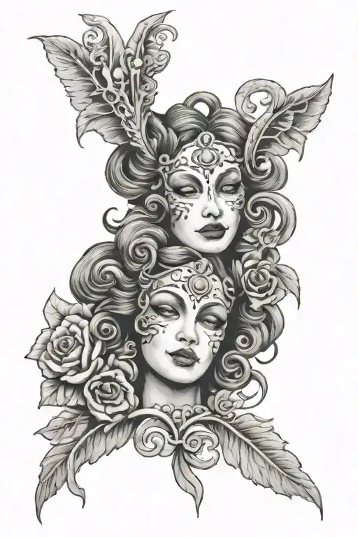 melpomene and thalia masks tragedy and comedy  tattoo design idea