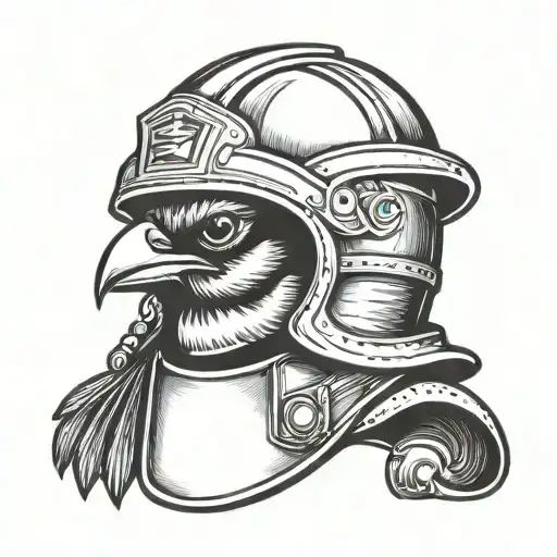 fire fighter helmet blue jay cardinal perched tattoo design idea