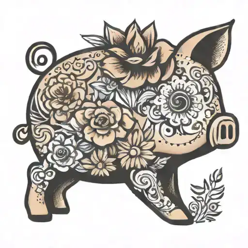 vintage piggy bank from side with floral design on it minimal tattoo design idea