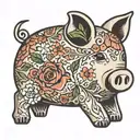 vintage piggy bank from side with floral design on it minimal tattoo design idea