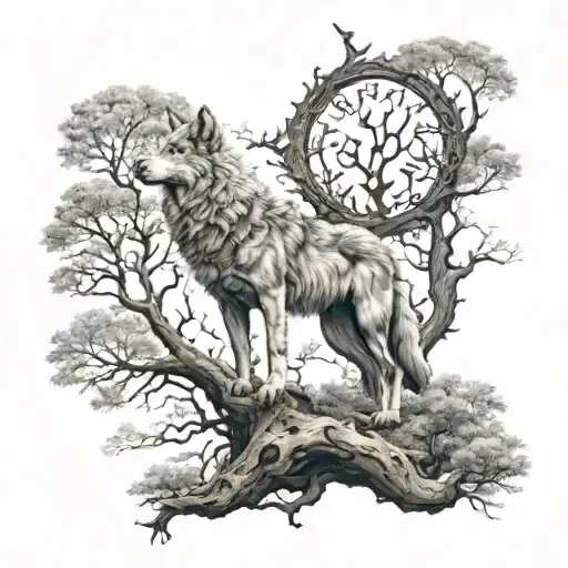 human look with wolf trees of life with capricorn symbol tattoo design idea