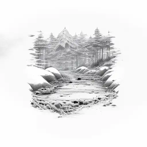 A river flowing through a TV show scene with iconic characters tattoo design idea