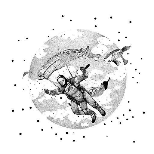 A skydiver descending from the sky surrounded by a school of koi fish tattoo design idea