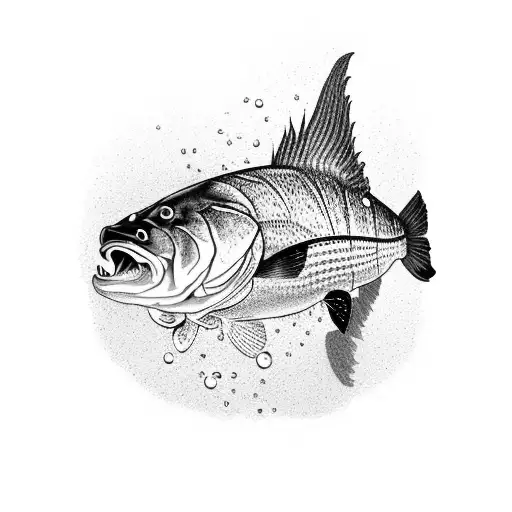 A dotwork tattoo of a largemouth bass leaping out of the water tattoo design idea