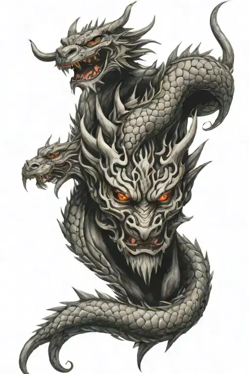 dragon, oni mask and tiger face tattoo design idea