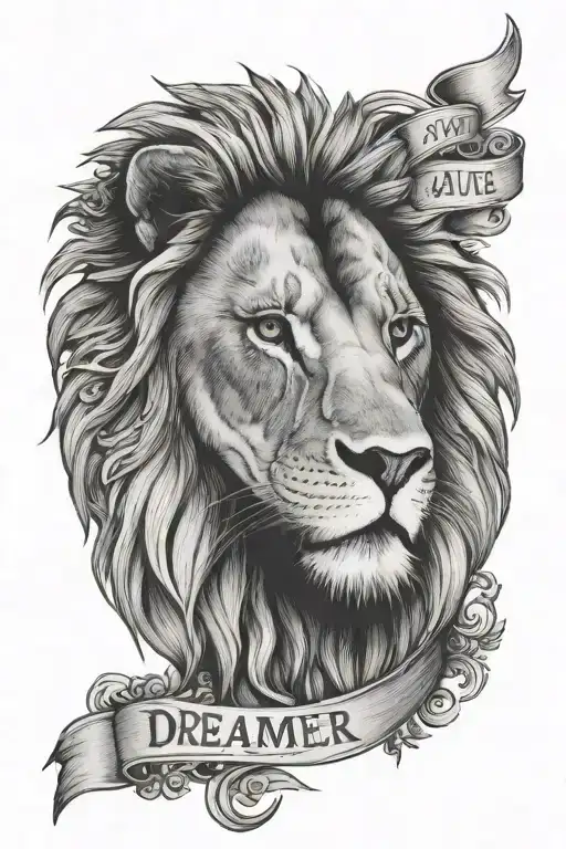Lion's face with a phrase that says I've always been a dreamer and that's what keeps me alive tattoo design idea