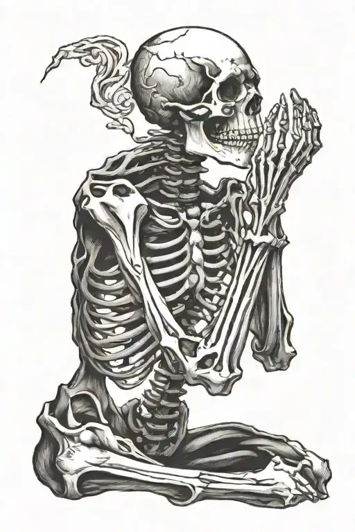 skeleton praying with dark background tattoo design idea
